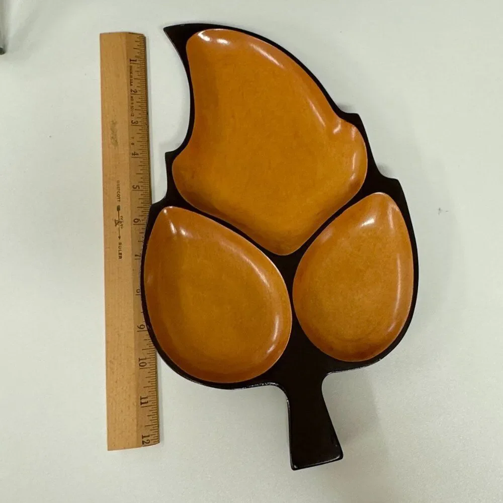 Vintage 70s Japanese Serving Platter MCM Wooden Hand Carved LEAF Shaped Tray